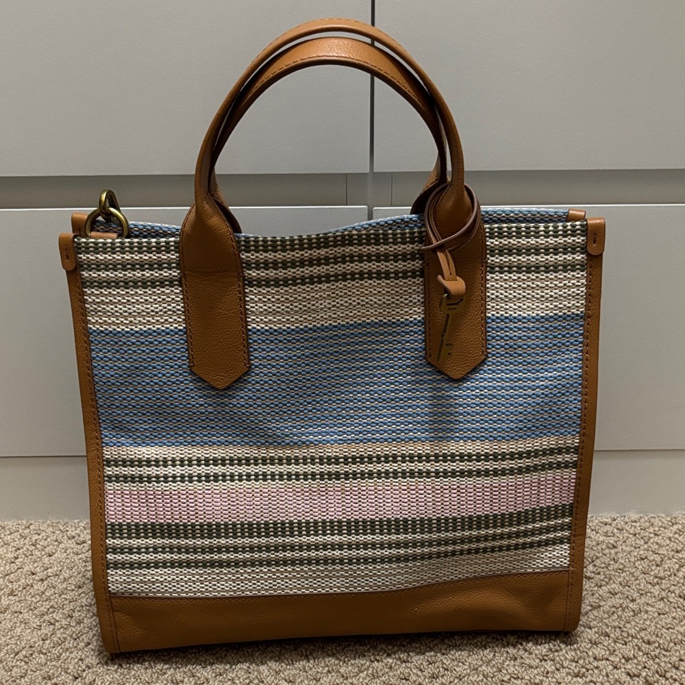Elegant Striped Tote Bag in Tan and Blue